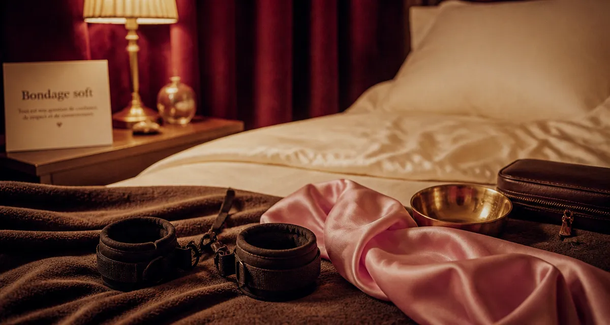 Bondage soft : menottes néoprène et foulard sur lit