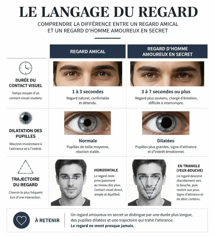 Infographie comparative des signes du regard d'un homme amoureux en secret vs intérêt amical