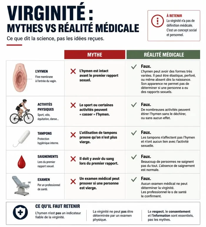 Infographie comparant les mythes et la réalité médicale sur la virginité pour savoir si on est vierge