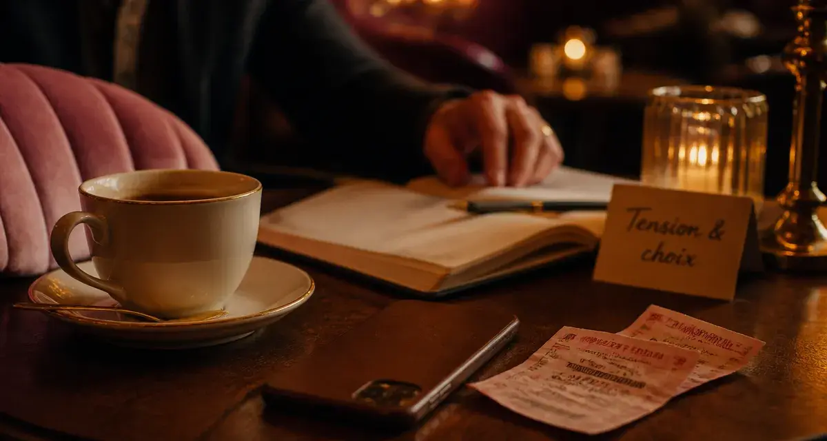 Il me tourne autour mais ne fait rien : tension et choix, tasse, carnet et tickets sur table