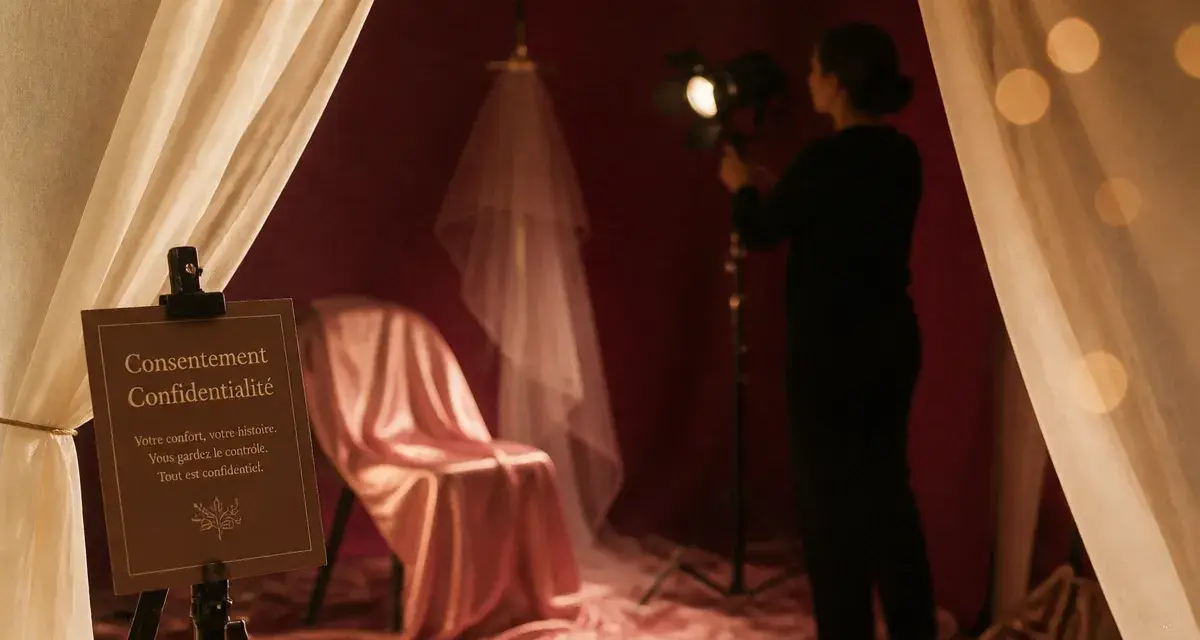 Photographe nu femme en studio clair-obscur, rideau ivoire et pose intimiste