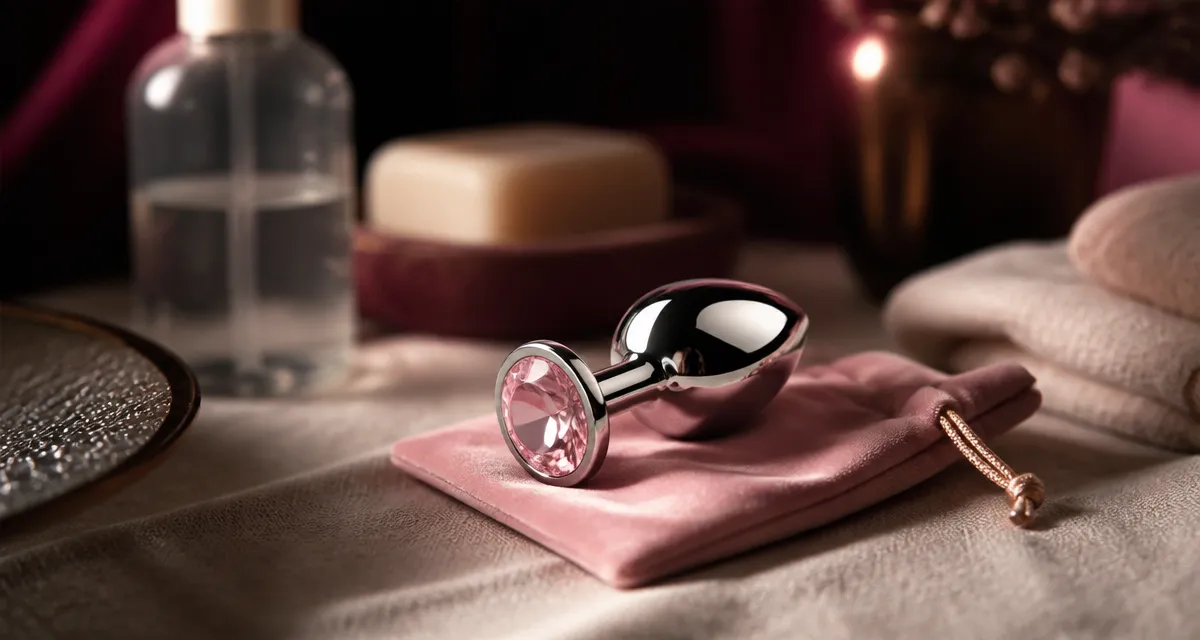 Plug anal diamant, acier poli sur serviette en lin, esthétique et confort