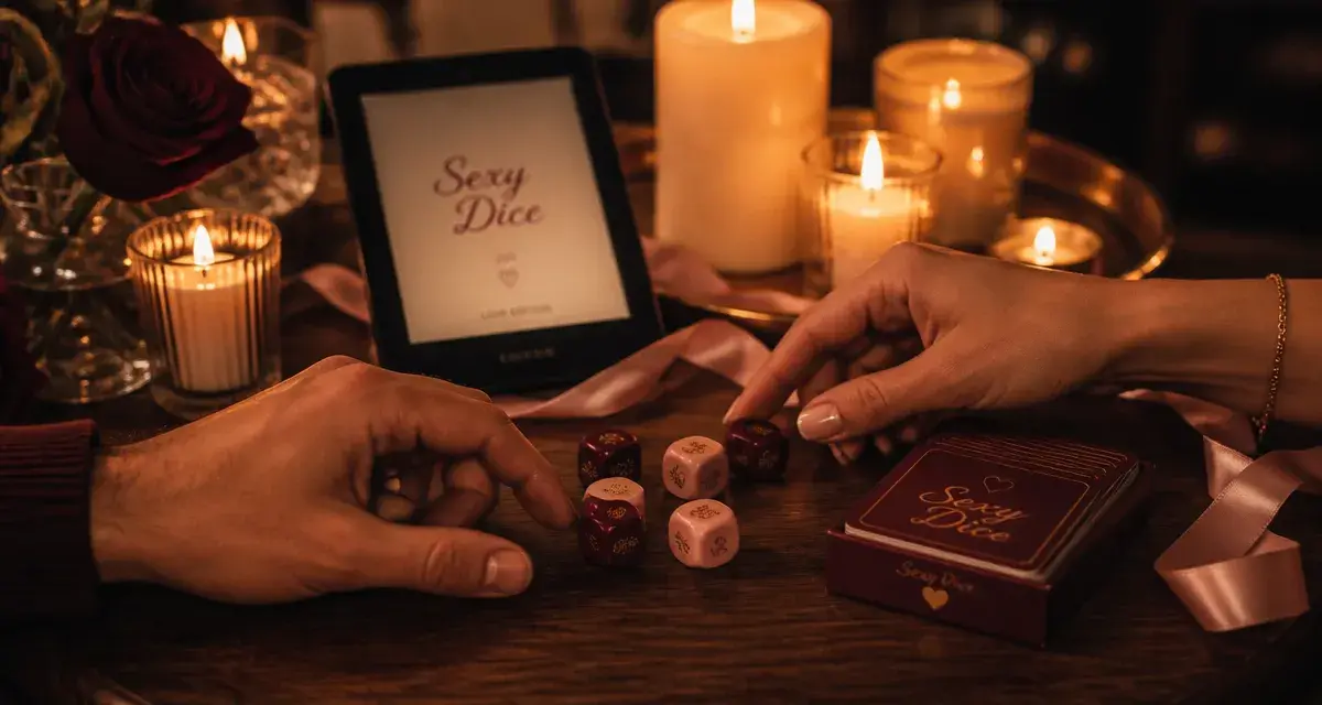 Sexsy game : dés et cartes sur plateau, ambiance bougies