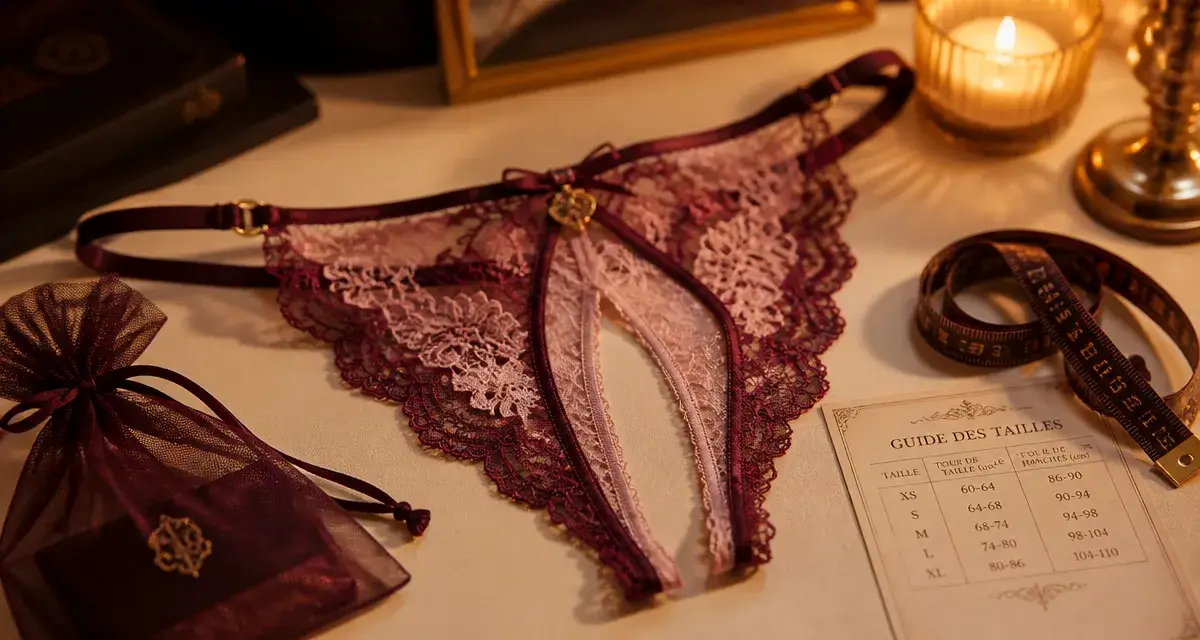 String ouvert en dentelle bordeaux et rose poudré, sur table, accessoires de choix