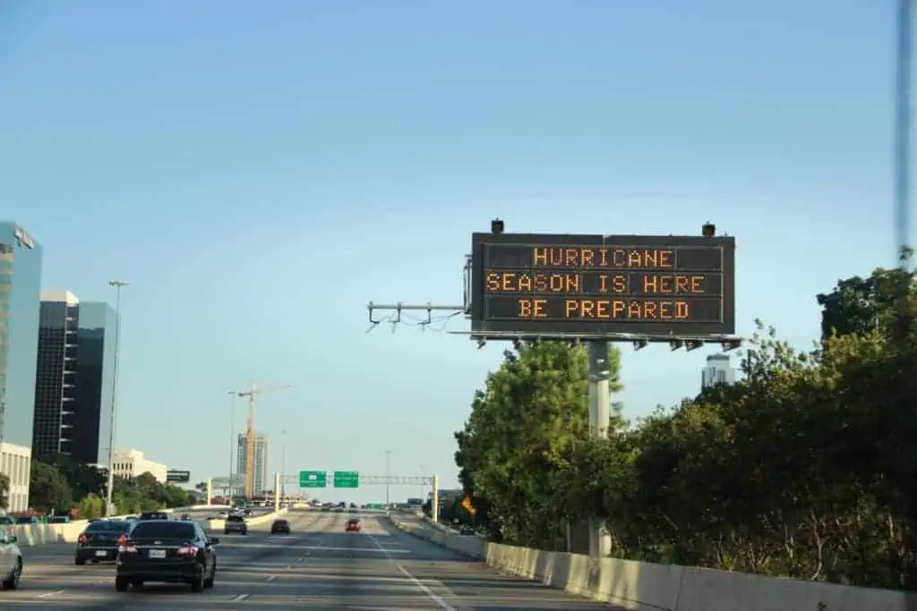 A digital highway sign in Texas warns drivers with the message “Hurricane Season Is Here, Be Prepared,” reminding residents about the importance of readiness and hurricane insurance in Texas.