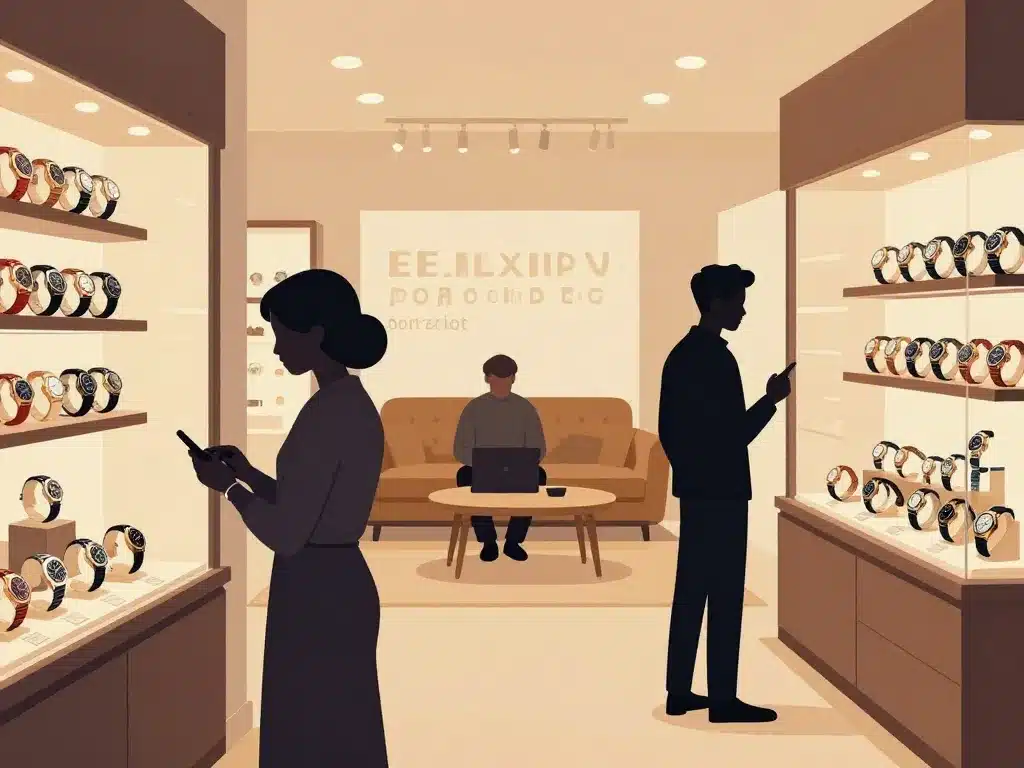 Acheteurs analysant montres de luxe pas cher en boutique et en ligne