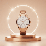 Montre de luxe pas cher posée sur piédestal doré, style moderne