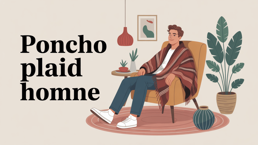 homme portant poncho plaid homme dans fauteuil, ambiance cocooning