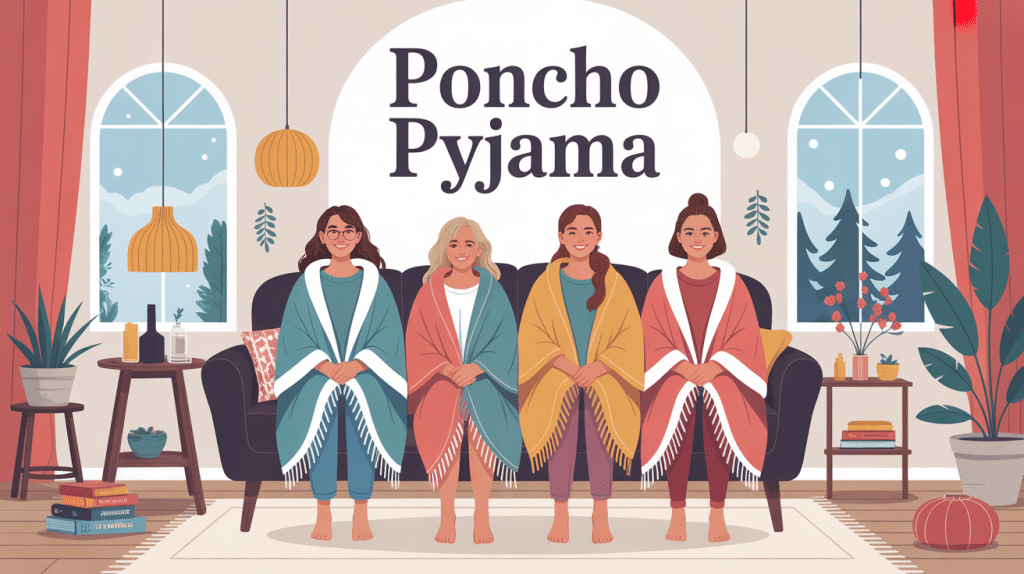 Famille réunie en poncho pyjama dans un salon douillet