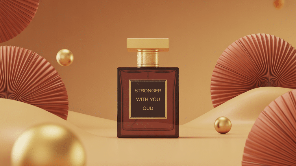 stronger with you oud flacon dans décor boisé ambré