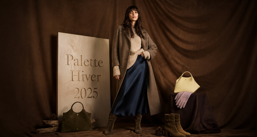 shooting studio couleurs mode hiver 2025 manteau mocha mousse jupe evening blue