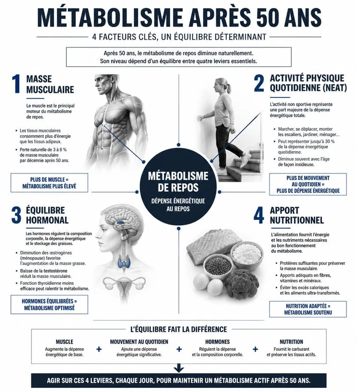 Infographie sur les facteurs influençant le métabolisme après 50 ans et comment augmenter son métabolisme