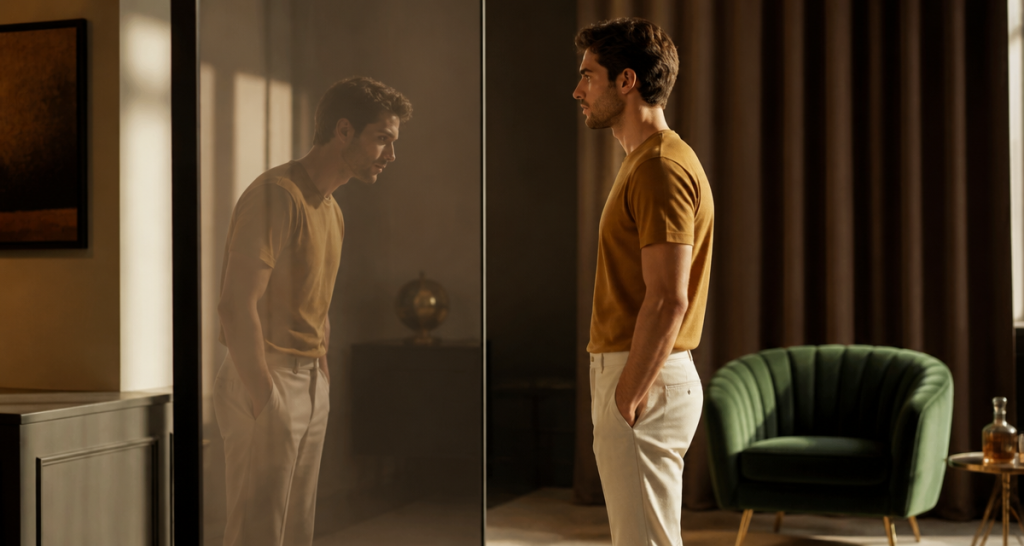 maigrir augmente la taille homme debout miroir
