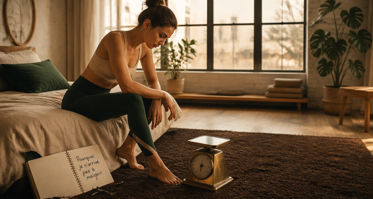 pourquoi je n arrive pas a maigrir femme assise regardant balance
