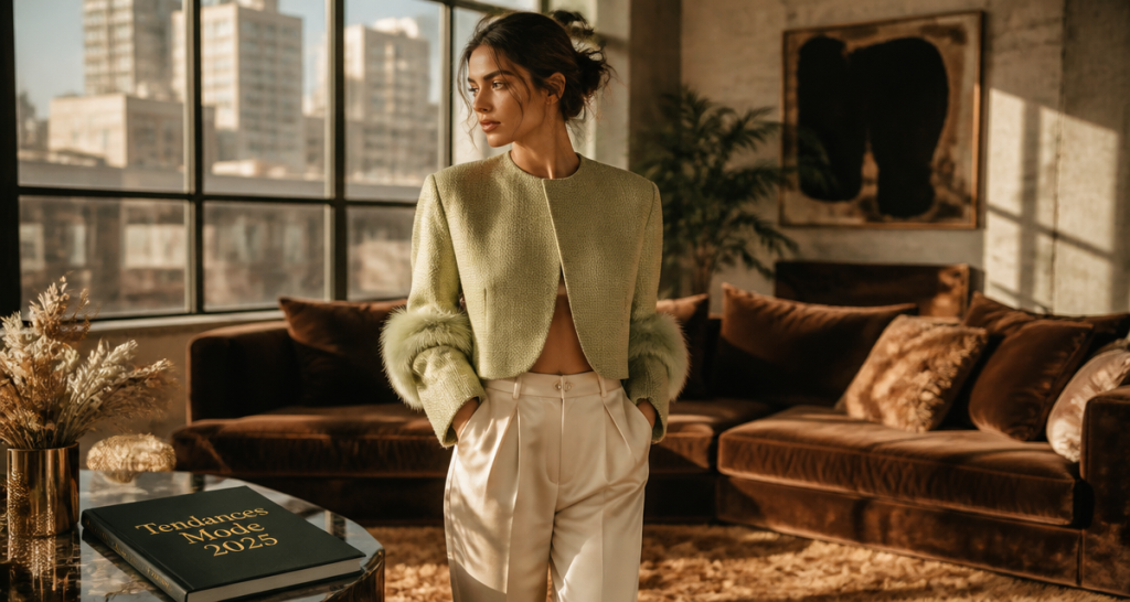 tendance mode 2025 femme boléro vert pistache