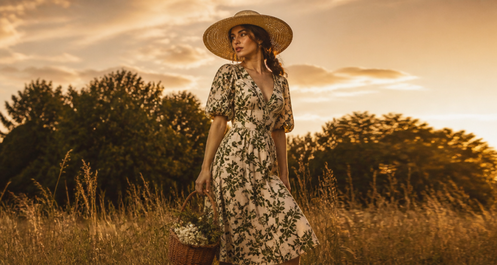 tenue champetre femme robe florale chapeau osier