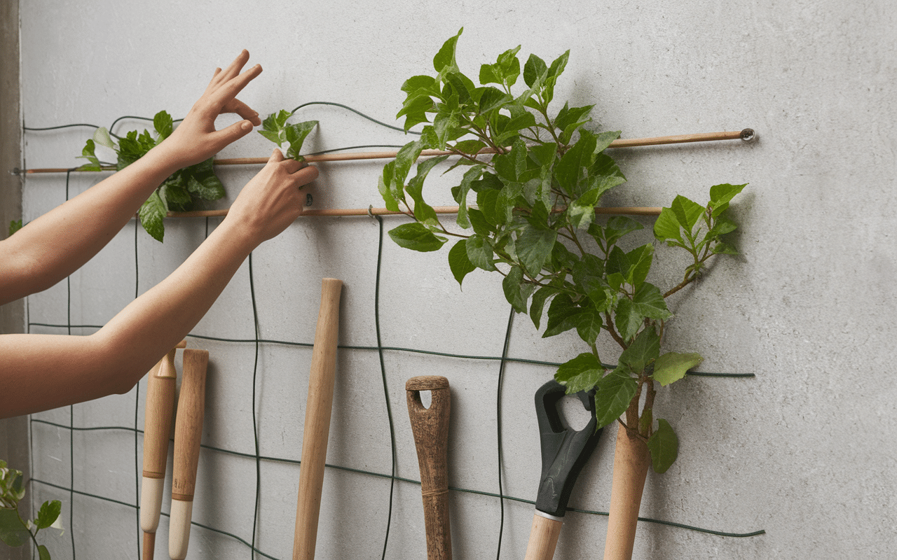 Installation support plante grimpante treillis au mur