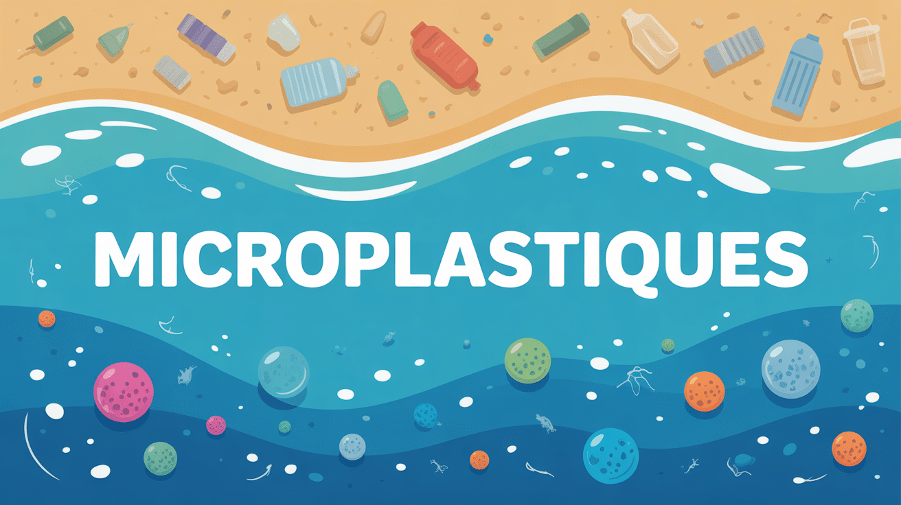 Illustration ocean microplastique avec particules colorées et déchets plastiques