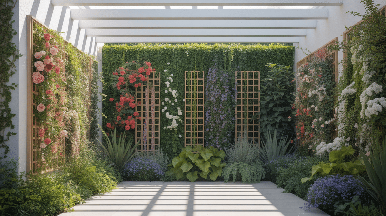Jardin vertical avec support plante grimpante bois et métal