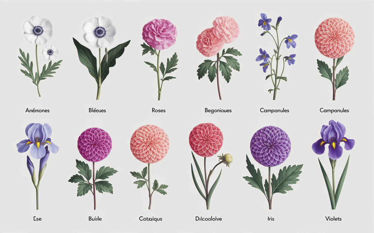 Fleurs diverses en rangées alphabétiques