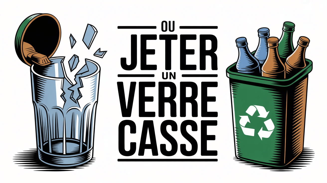 Verre cassé avec poubelle et bac recyclage