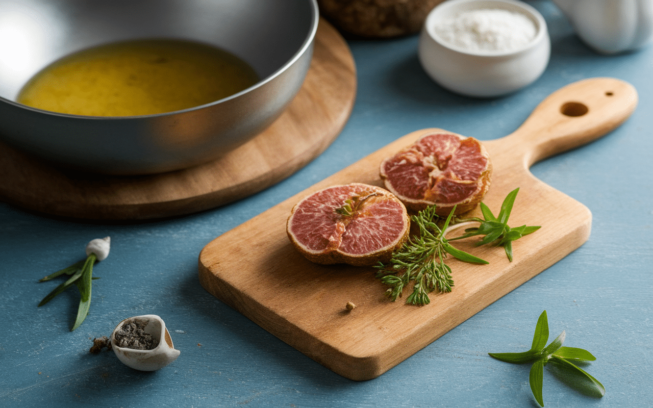 Préparation culinaire glands de chêne sur planche