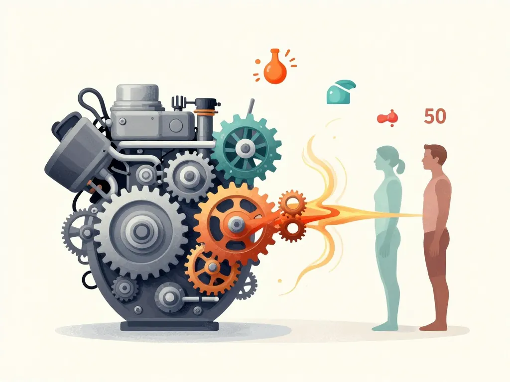 Illustration symbolique métabolisme après 50 ans moteur hormones muscles