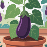 plant aubergine avec tuteur solide et fruits sains
