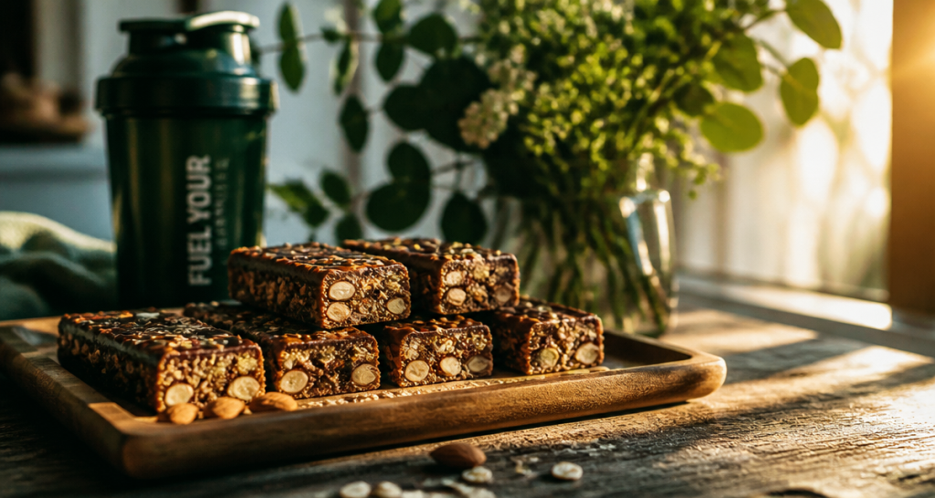 barres de cereales proteinees chocolat amande sur table