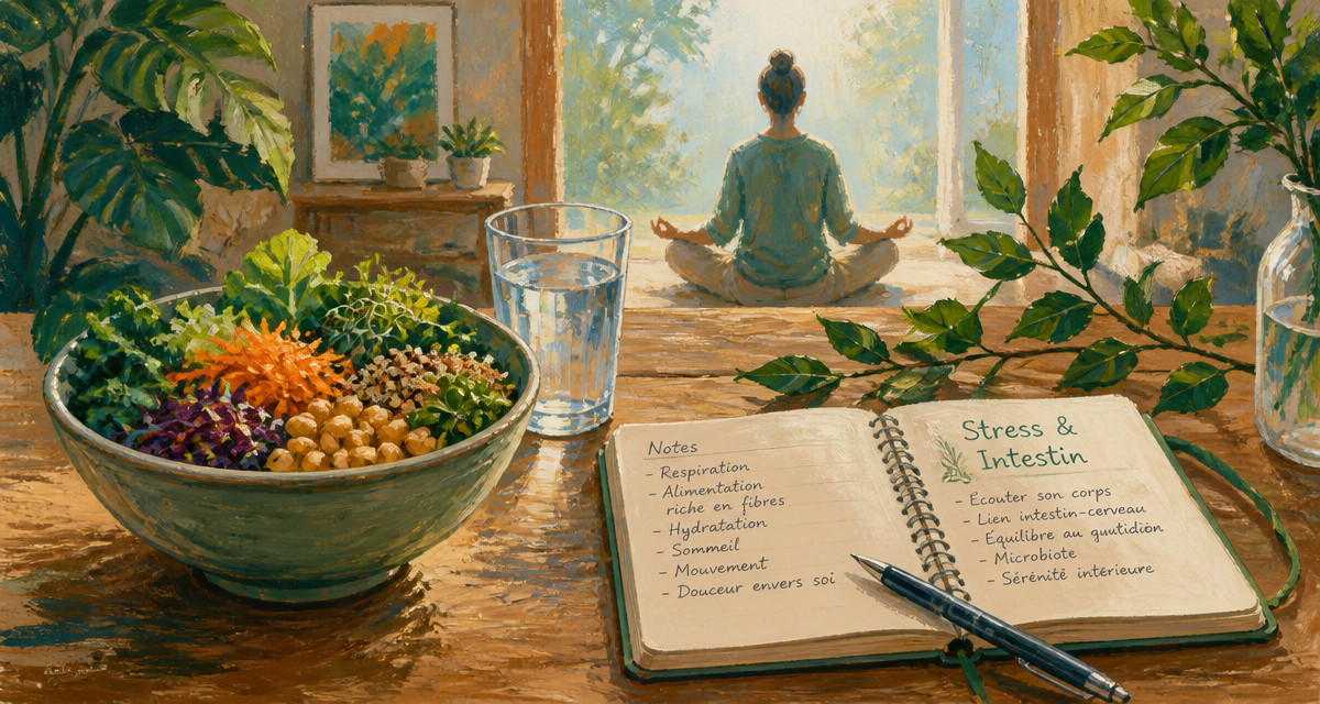 Diverticulite et stress, scène de table avec salade, carnet et méditation
