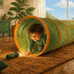 enfant dans tunnel enfant vert orange sur tapis