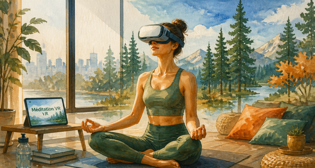 vr meditation dans un salon moderne avec paysage nature gouache