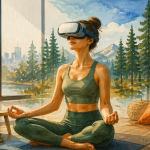 vr meditation dans un salon moderne avec paysage nature gouache