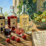 Bienfaits du vinaigre, bouteilles artisanales et ingrédients santé sur table