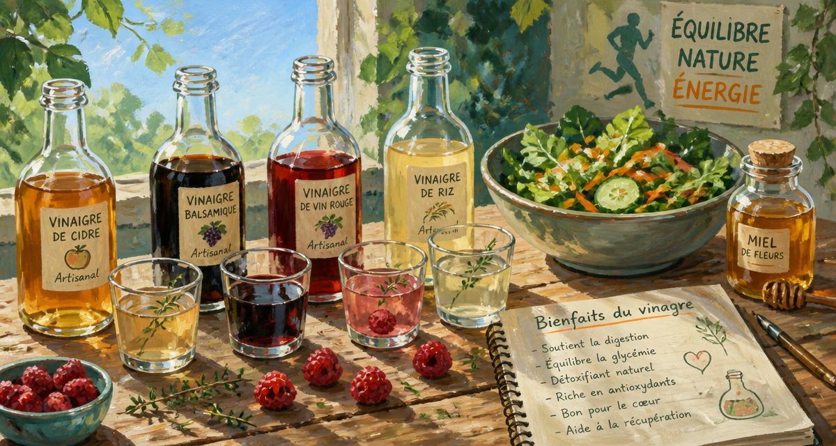 Bienfaits du vinaigre, bouteilles artisanales et ingrédients santé sur table
