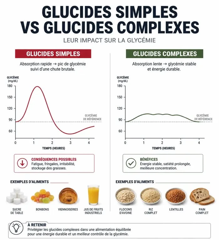 Infographie comparant l'impact des glucides simples et complexes sur la glycémie et la prise de poids.