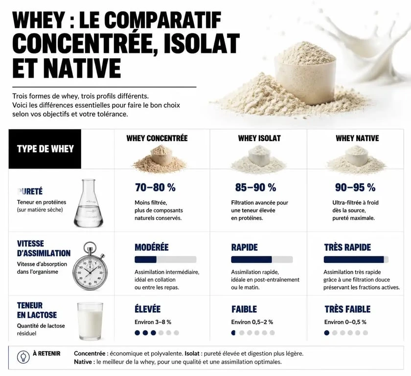 Comparatif des différents types de whey : concentrée, isolate et native pour choisir sa protéine.
