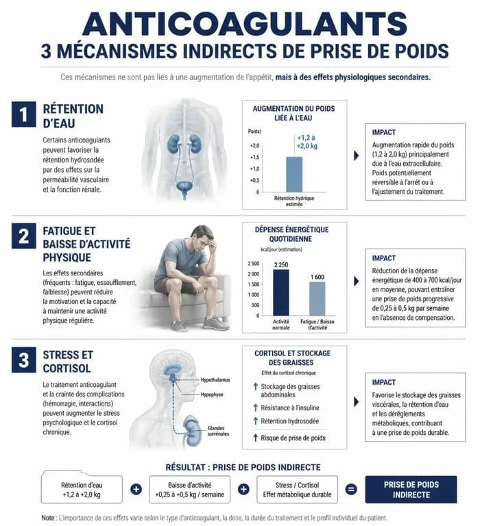 Infographie explicative des mécanismes physiologiques indirects liés à la prise de poids sous Eliquis