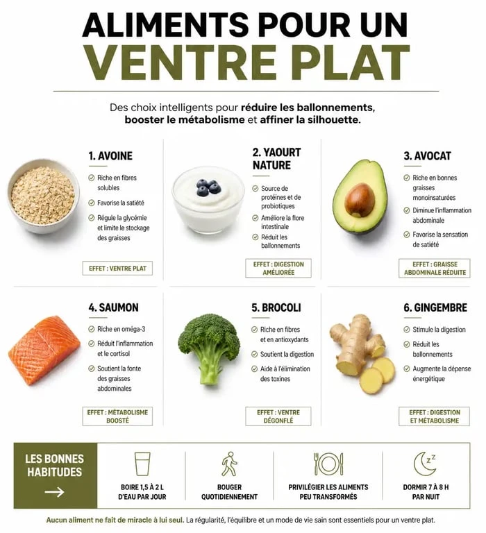 Infographie des meilleurs aliments pour perdre le ventre et réduire la graisse abdominale