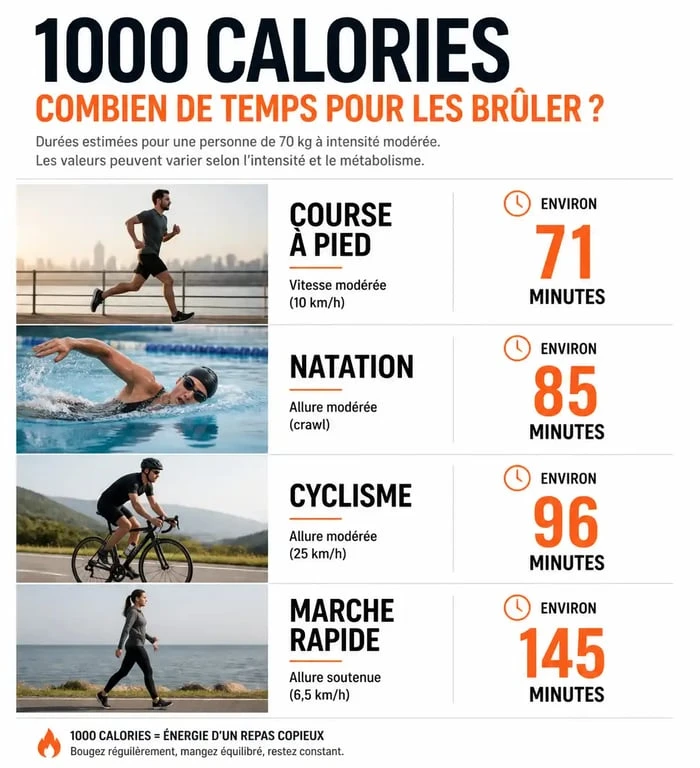Infographie sur les activités sportives pour bruler 1000 calories par jour