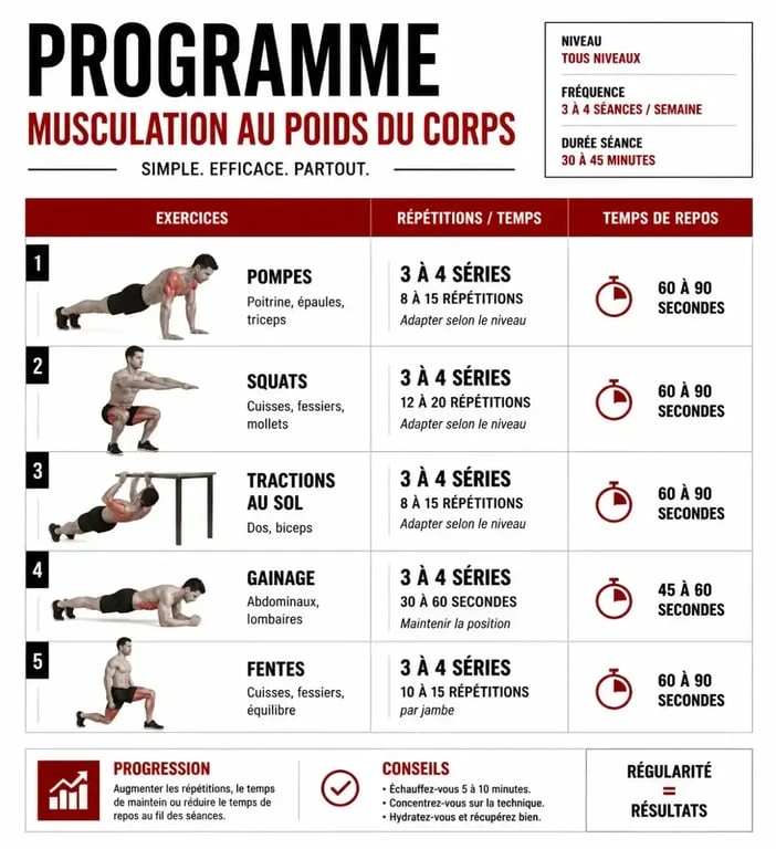 Infographie récapitulative d'un programme de musculation poids du corps pour débutants et intermédiaires