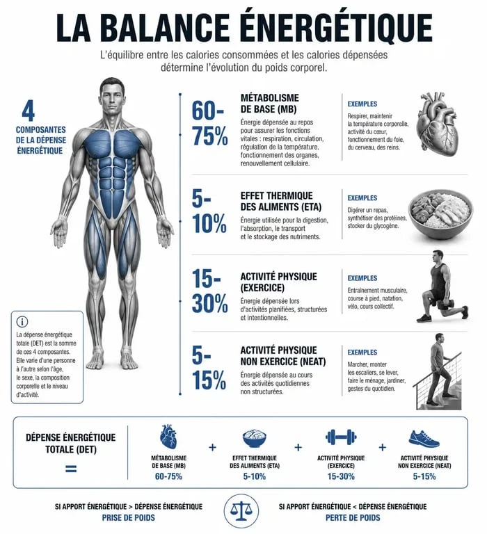 Schéma explicatif de la balance énergétique pour être en déficit calorique