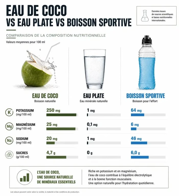 Infographie comparant les bienfaits de l'eau de coco et sa composition nutritionnelle