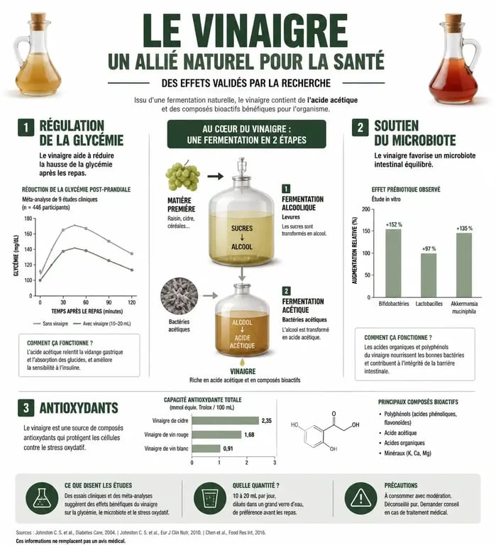 Infographie sur les bienfaits du vinaigre pour la santé et ses mécanismes d'action