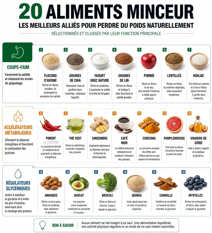 Infographie des 20 aliments qui font maigrir et leurs bienfaits nutritionnels pour la perte de poids