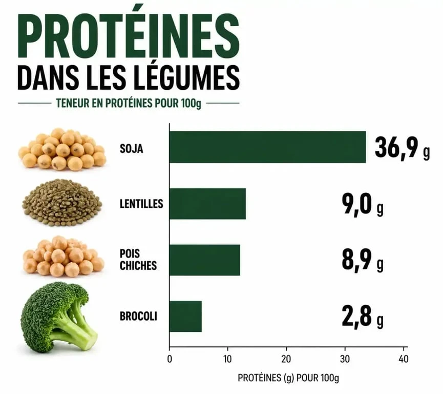 Infographie comparative des teneurs en protéines des légumes riches en protéines pour une alimentation équilibrée.