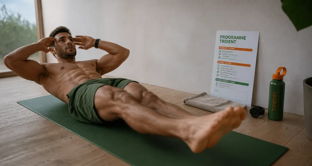 Programme abdos homme maison : gainage hollow body torse nu