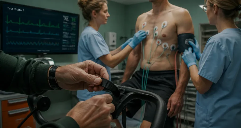 Test d effort a 60 ans : préparation en salle de cardiologie avec électrodes et vélo