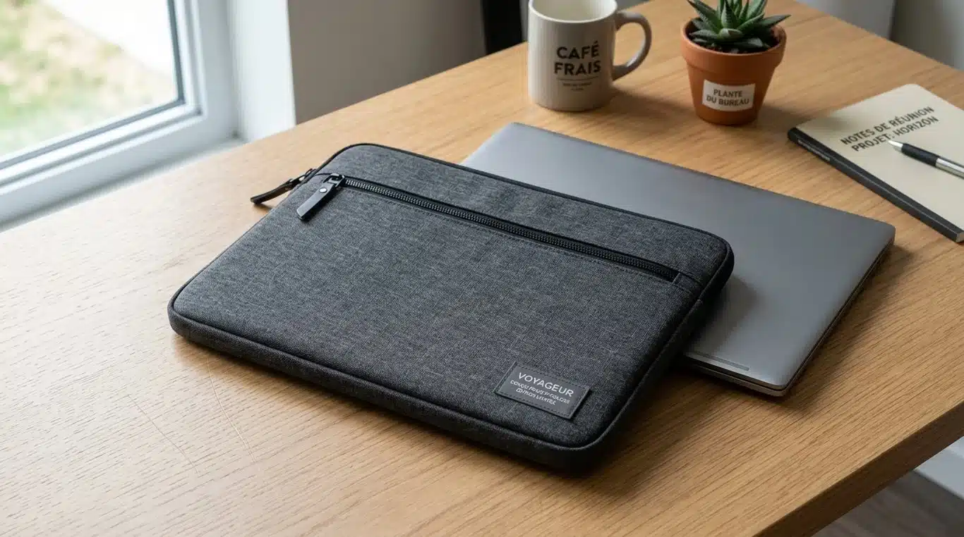 Pochette plate élégante et fine pour ordinateur portable 17 pouces sur un bureau moderne.
