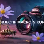 illustration vectorielle objectif macro Nikon avec fleur et insecte en gros plan